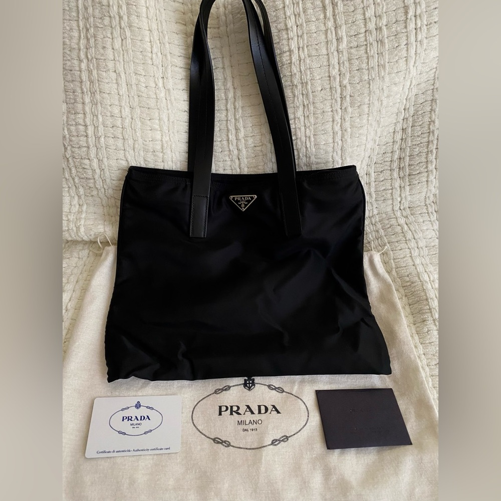 Prada Tessuto Nylon Small Medium Tote Bag Black Leather Y2K Excellent Condition